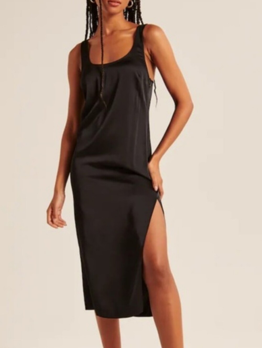 NWT Abercrombie Black Satin Side Slit Midi Dress S Scoopneck 90's Minimalist
